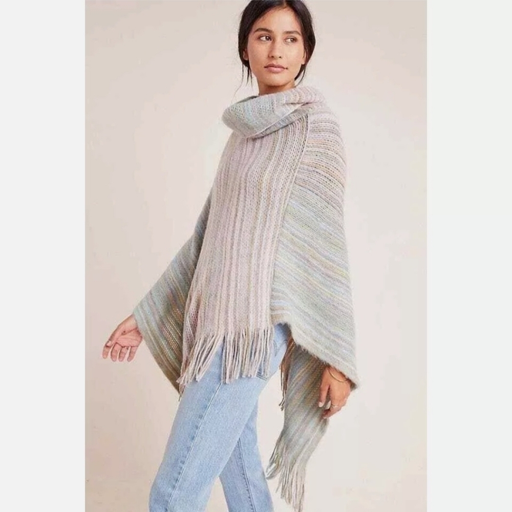 Anthropologie Saturday Sunday Vera Fringed Poncho Multicolor Pastel One Size